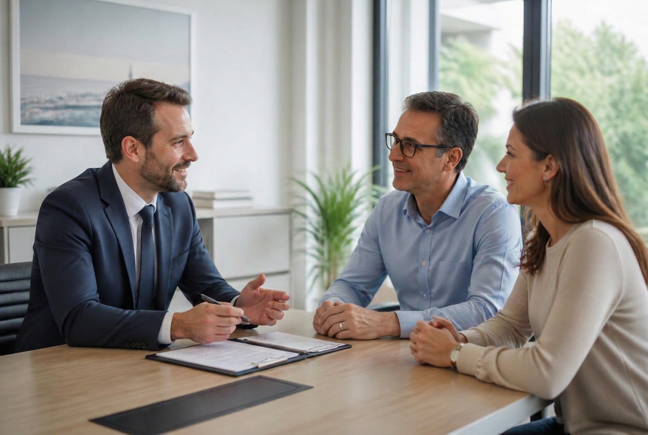 Un conseiller KLN Assurances échange avec un couple de clients dans un bureau lumineux