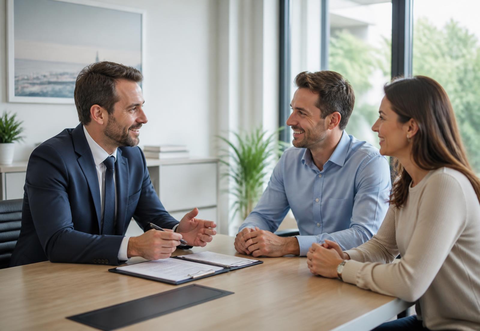 Un conseiller KLN Assurances échange avec un couple de clients dans un bureau lumineux